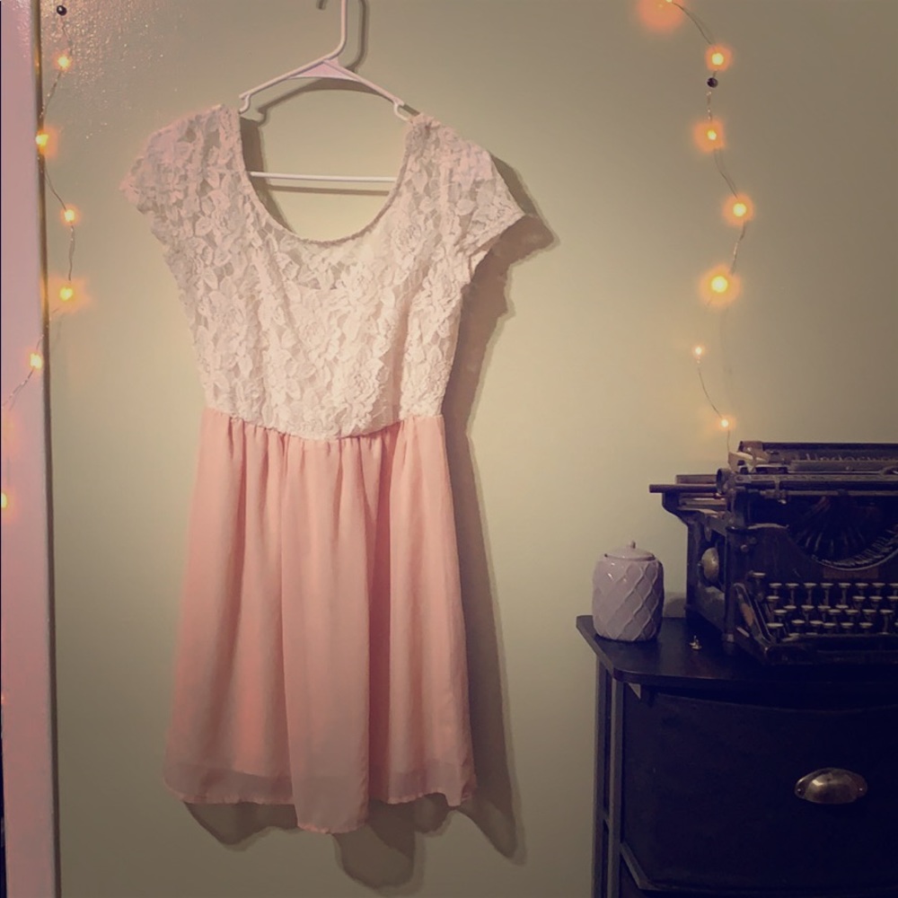 Cream & coral colored Lace & Sheer dress